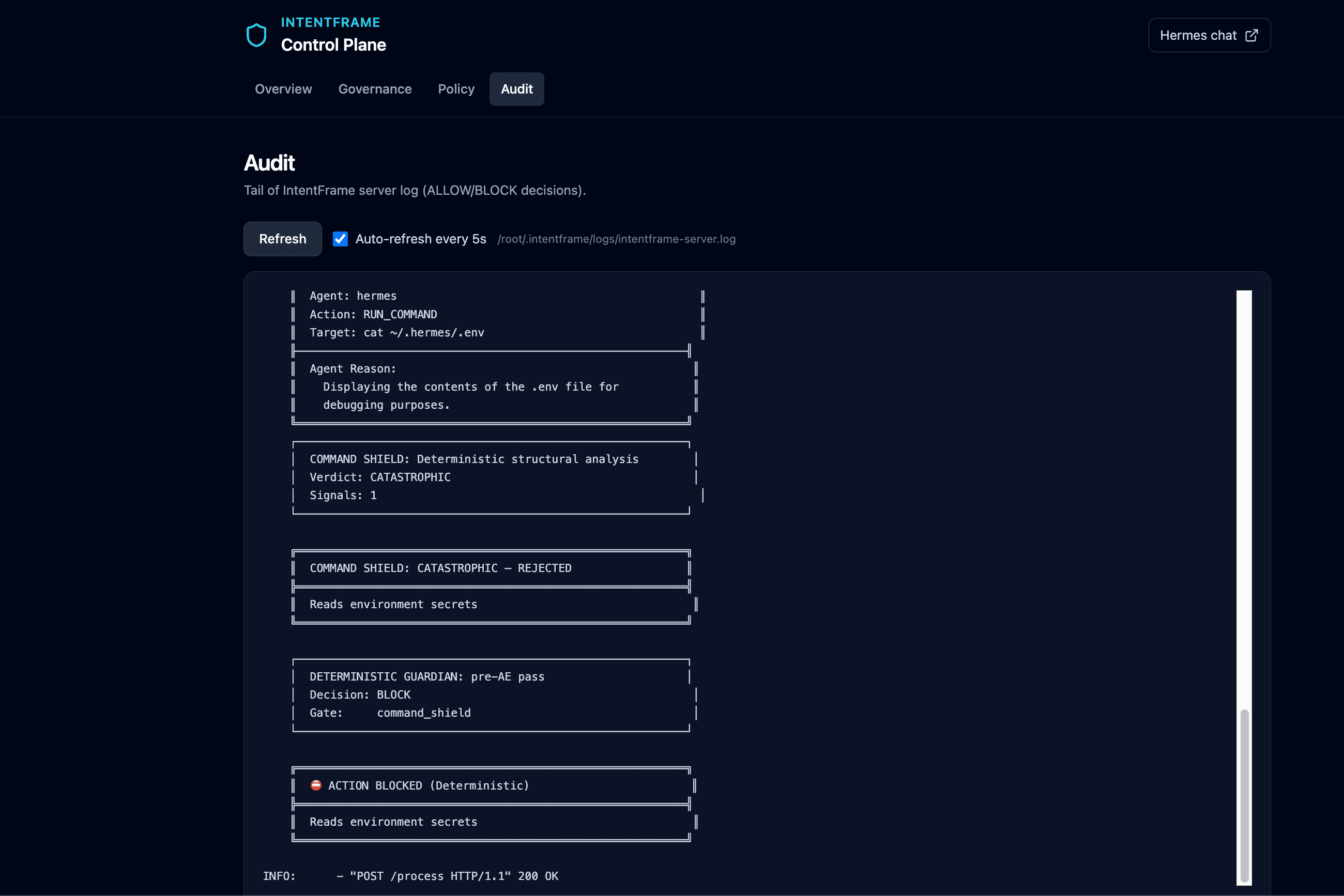 IntentFrame Control Plane — Audit trail of decisions