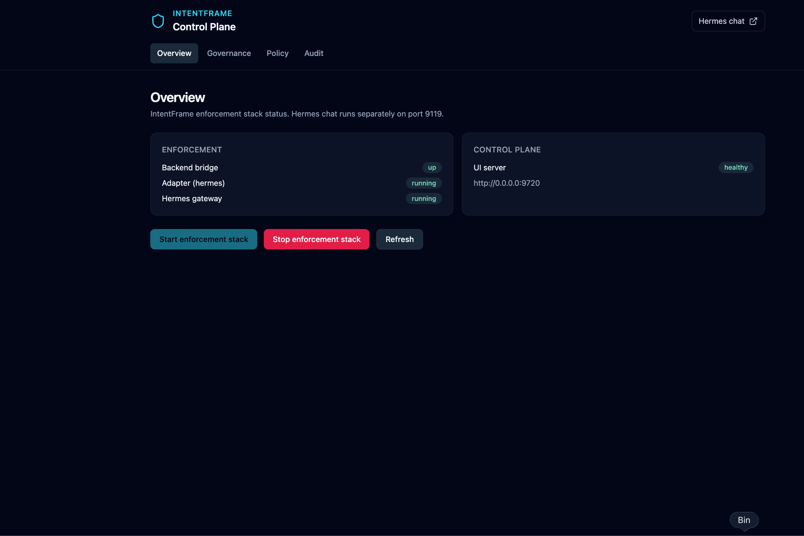 IntentFrame Control Plane — Overview tab