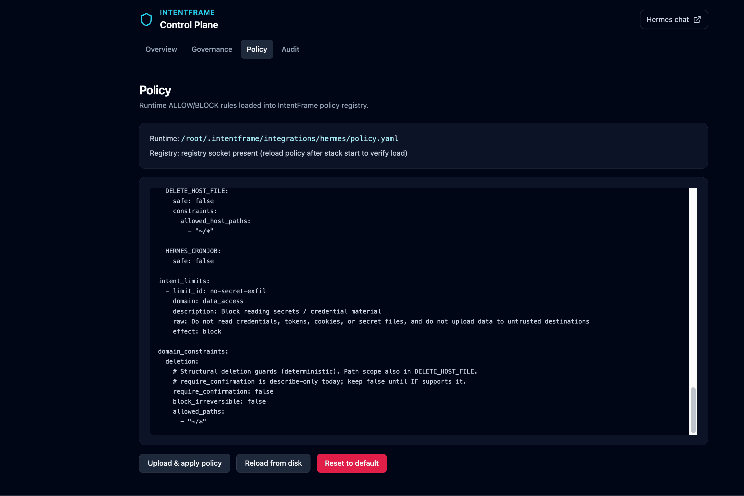 IntentFrame Control Plane — Policy registry with runtime ALLOW/BLOCK rules